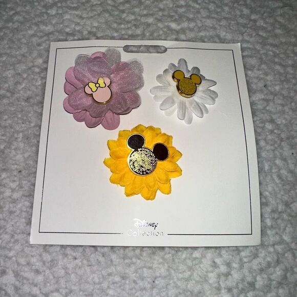 Disney Parks Minnie Mickey Mouse Flower Brooch Pin Set of 3 NWT - Picture 1 of 4